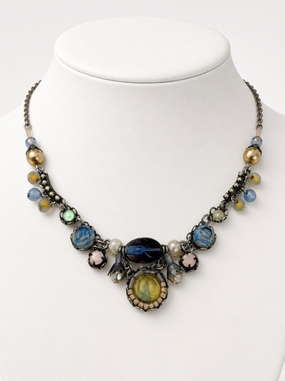 Ayala Bar Y2K Signed Statement Necklace Blue Glass Crystal 15-18”